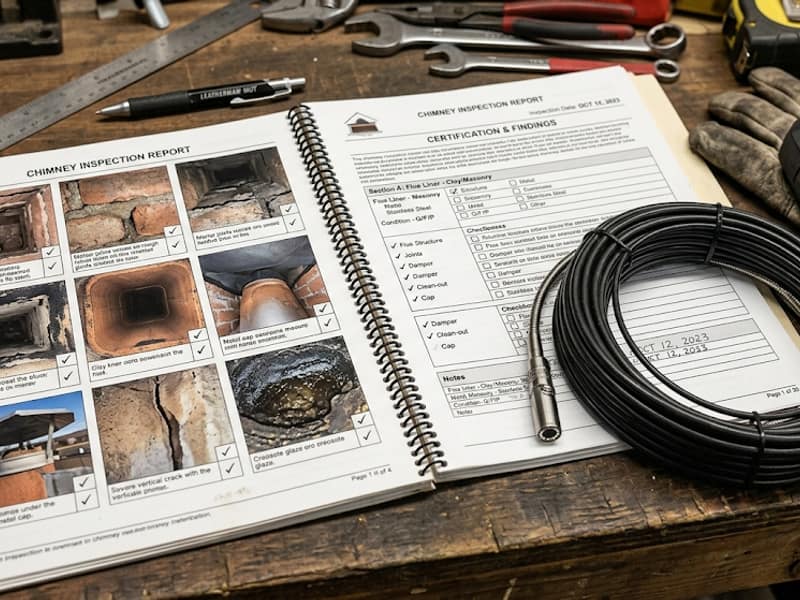 inspection report open beside the flue camera on a chimney in Toms River, NJ