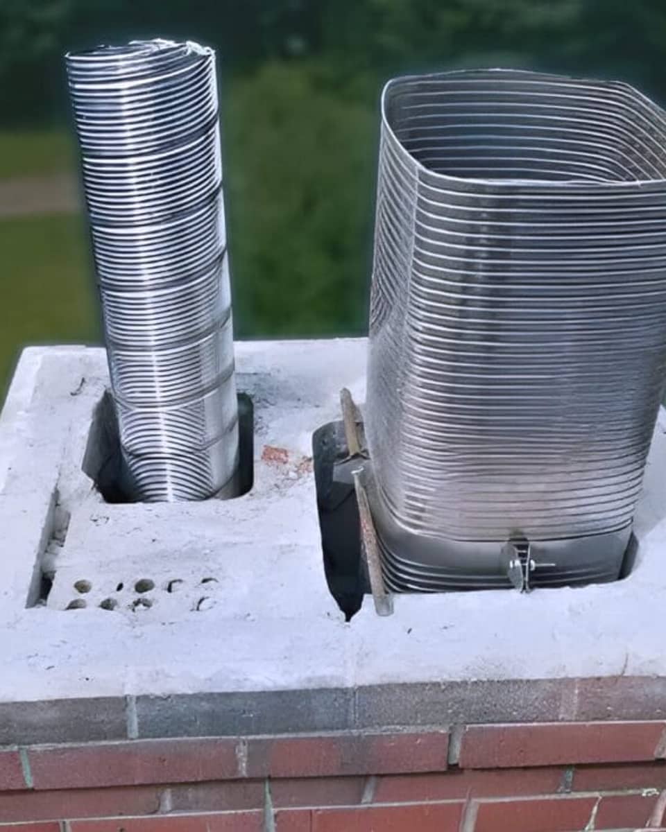 Two stainless steel chimney liners set into the crown on a chimney in Toms River, NJ